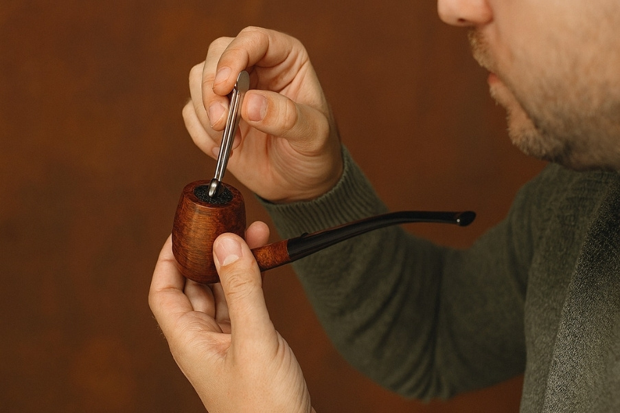 Man tamping tobacco in a wooden smoking pipe with a metal tool.
